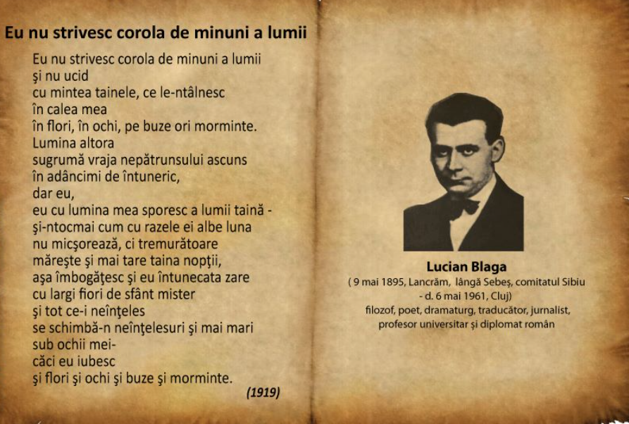 Versuri "Eu nu strivesc corola de minuni a lumii" - de Lucian Blaga